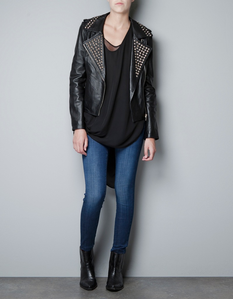 2012秋装新款zar*欧美街拍帅气修身铆钉皮夹克 机车皮衣女装pya5