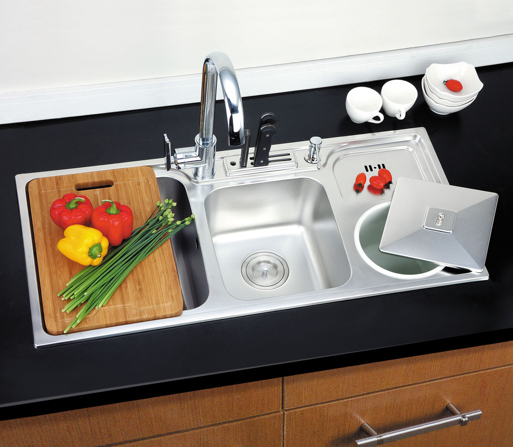 供应不锈钢水槽洗涤槽 台上单盆 带垃圾桶 带刀架 厂家直销