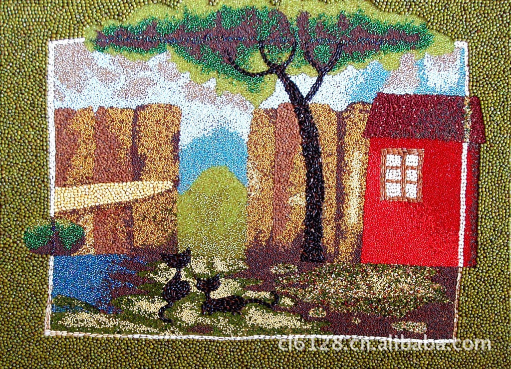 粮食画五谷画 粮艺谷艺豆塑画米画 庭院一角 60×80编号1057