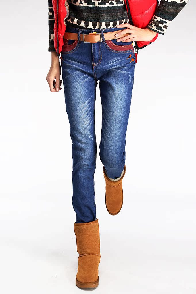 秋冬加绒厚韩版显瘦提臀高腰弹力大码直筒裤 牛仔裤女裤子z02