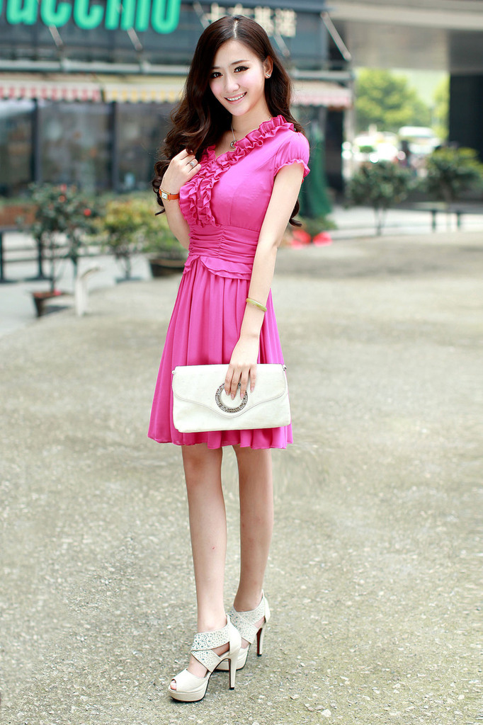 新款夏装 木耳边半拉链甜美淑女夏季连衣裙 泡泡袖修身珍珠雪纺裙