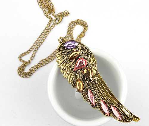 f154欧美复古折翼天使单翼翅膀毛衣链复古长款彩钻项链