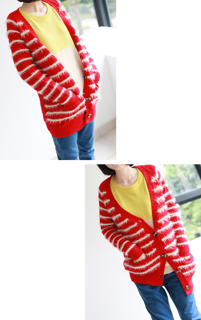 韩国货 爆潮个性 条纹松鼠毛毛绒 百搭中长款开衫外套 毛衣 3色