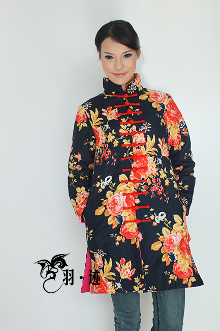 特价棉麻中式女棉衣牡丹花布盘扣立领长款修身唐装夹棉外套批发