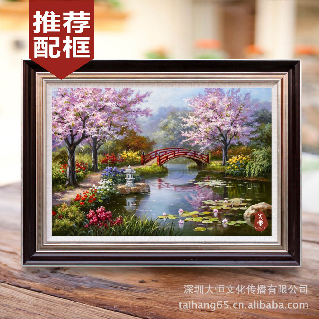 大恒高档纯手绘花园开花风景装饰客餐厅墙画壁画油画画芯批发