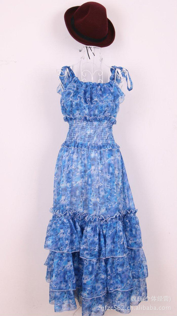 夏季新款菁菁秀 大牌蓝色雪纺波西米亚长裙 吊带裙海沙滩裙连衣裙