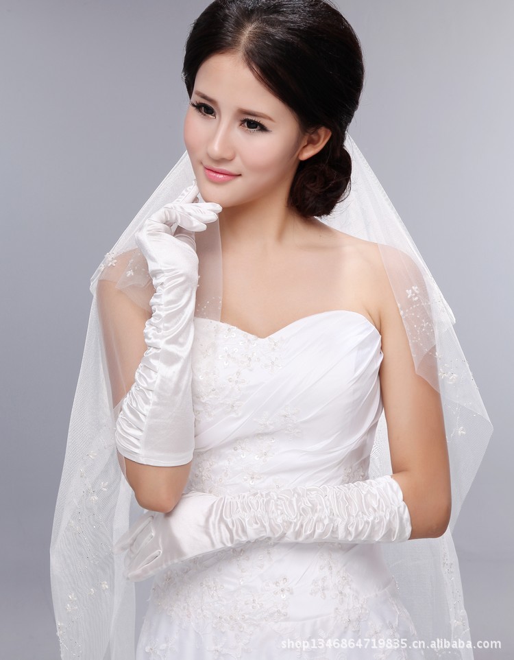 新娘结婚纱手套/米白长款手套/有指打皱手套礼服饰品厂家直销批发图片