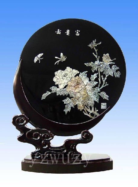 扬州漆器 平磨螺钿《富贵图》圆装饰台屏 商务礼品 工艺品_漆器工艺品