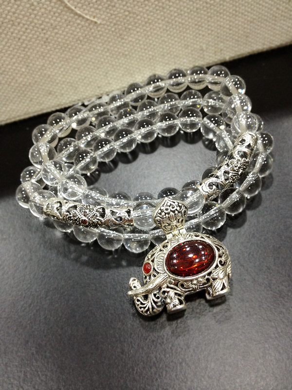 925银手链 异国情调泰国象神坠 白水晶手工串珠