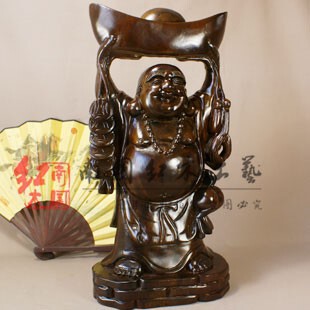 鸡翅木举元宝佛(黑),木雕双手顶元宝笑佛