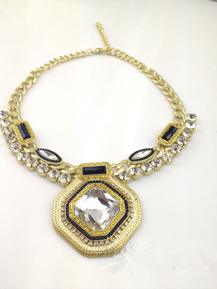 xl-035欧美大牌水晶宝石吊坠 多边镶钻奢华 短款锁骨项链 女