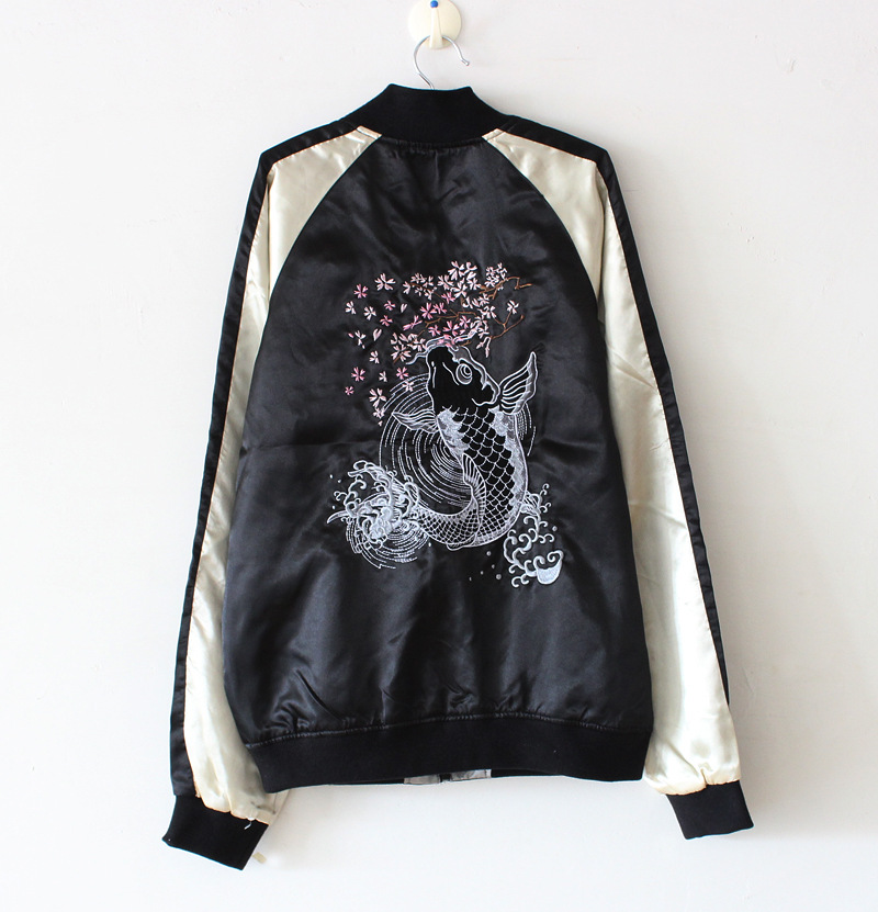 日本原宿zippr mani古着刺绣棒球服绸缎 樱花鲤鱼龙横须情侣外套