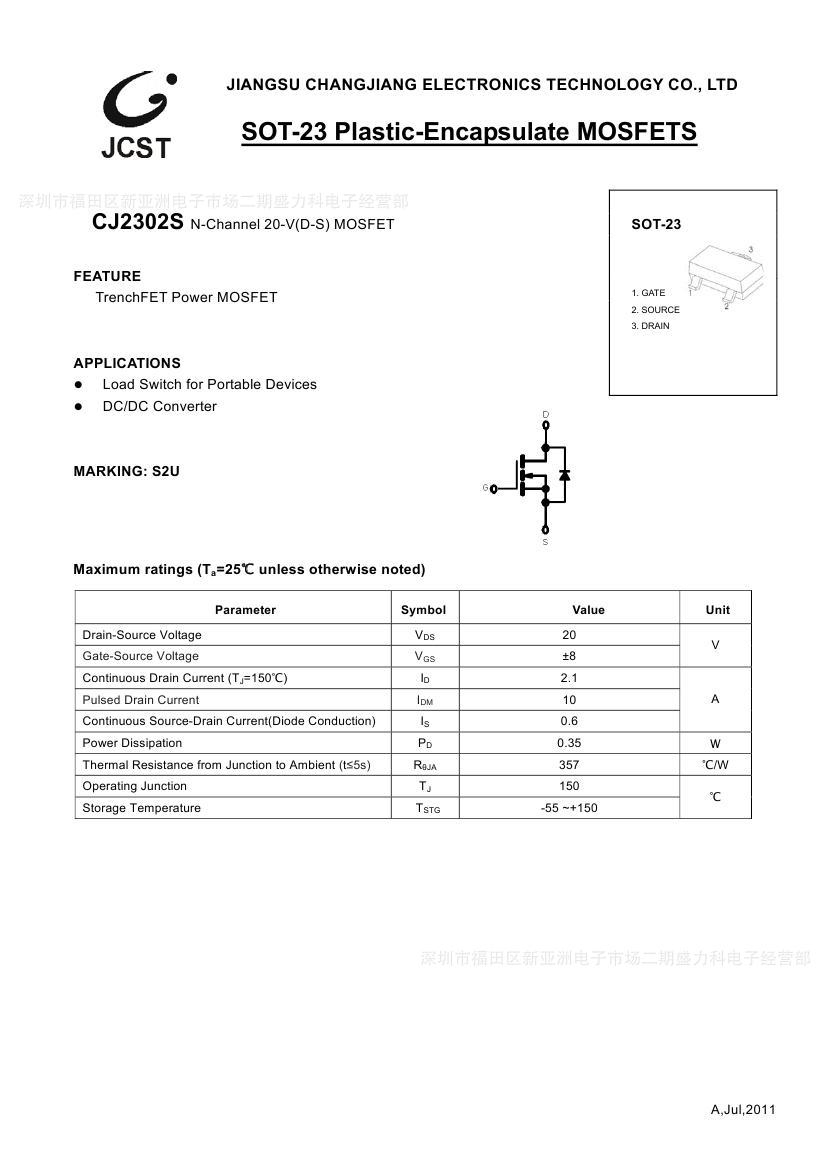 長電cj貼片三極管cj2302ss2u23封裝mos管nchannel