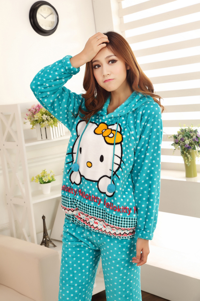 睡衣批发冬季法兰绒可爱卡通少女hello kitty猫睡衣家居服108.