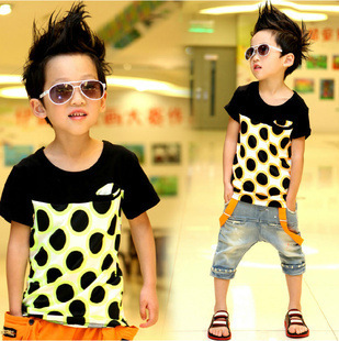 小石头童装2013夏装新款男童荧光圆点拼接短袖t恤l