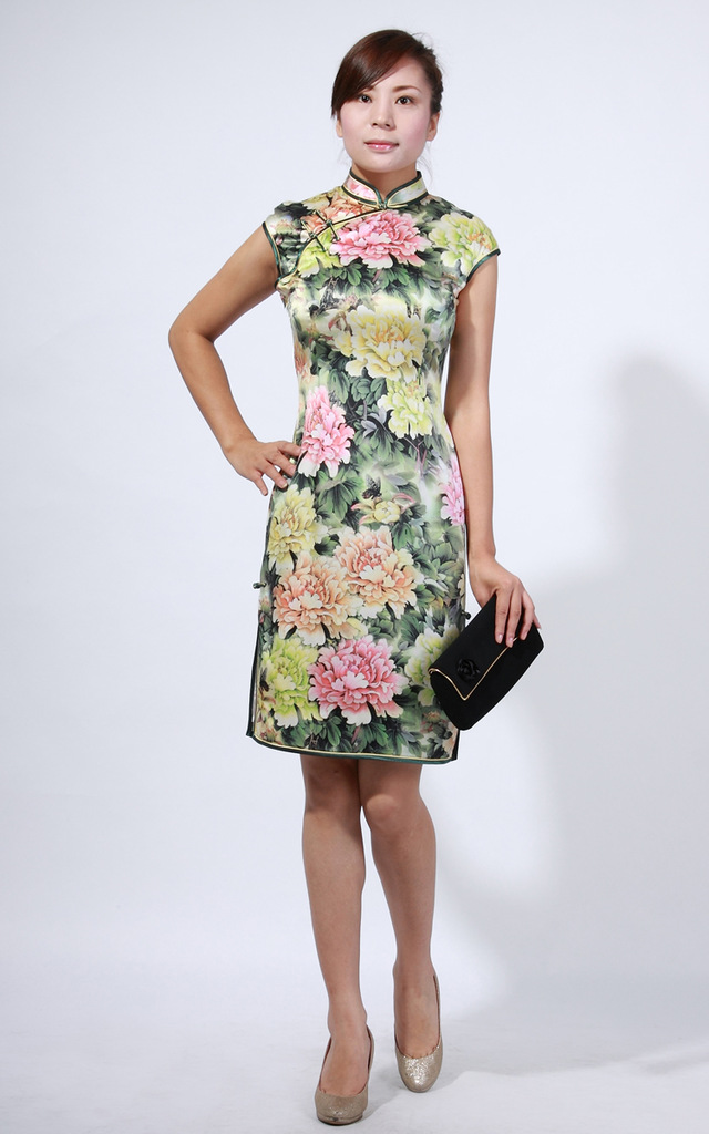 金源服饰2013新款真丝桑蚕丝弹力缎绿牡丹时尚修身旗袍里布洋纺