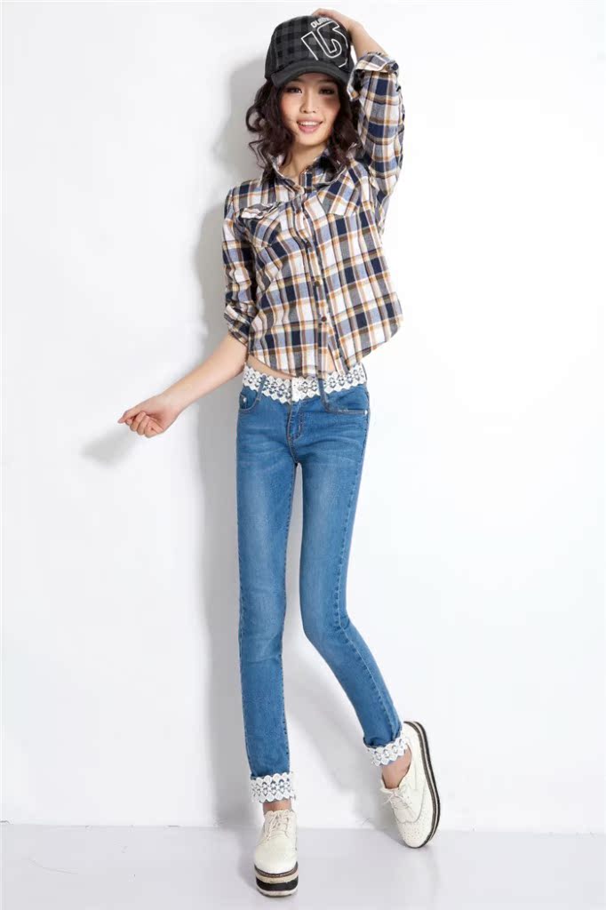 经典款镂空棉花边超显瘦裤腿卷边修身小脚牛仔裤一件代发