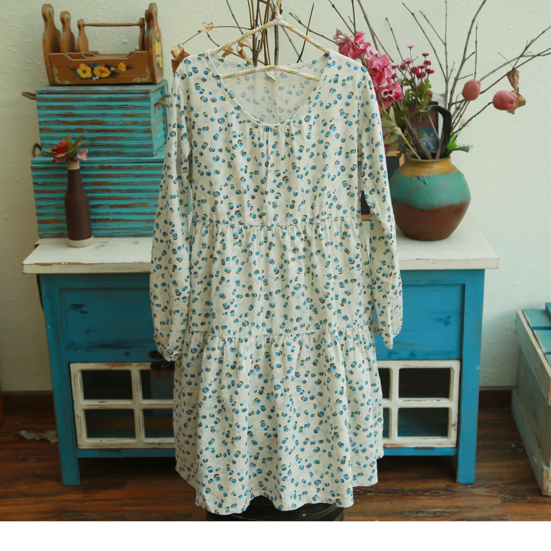 2014秋款连衣裙 森林系 棉麻日单小碎花拼接长袖长款小清新裙816