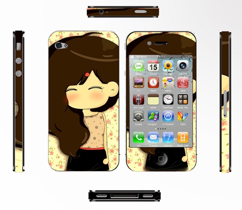 苹果iphone4/4s彩膜 皮纹卡通贴膜 4代全身贴膜 带边贴手机保护膜-「