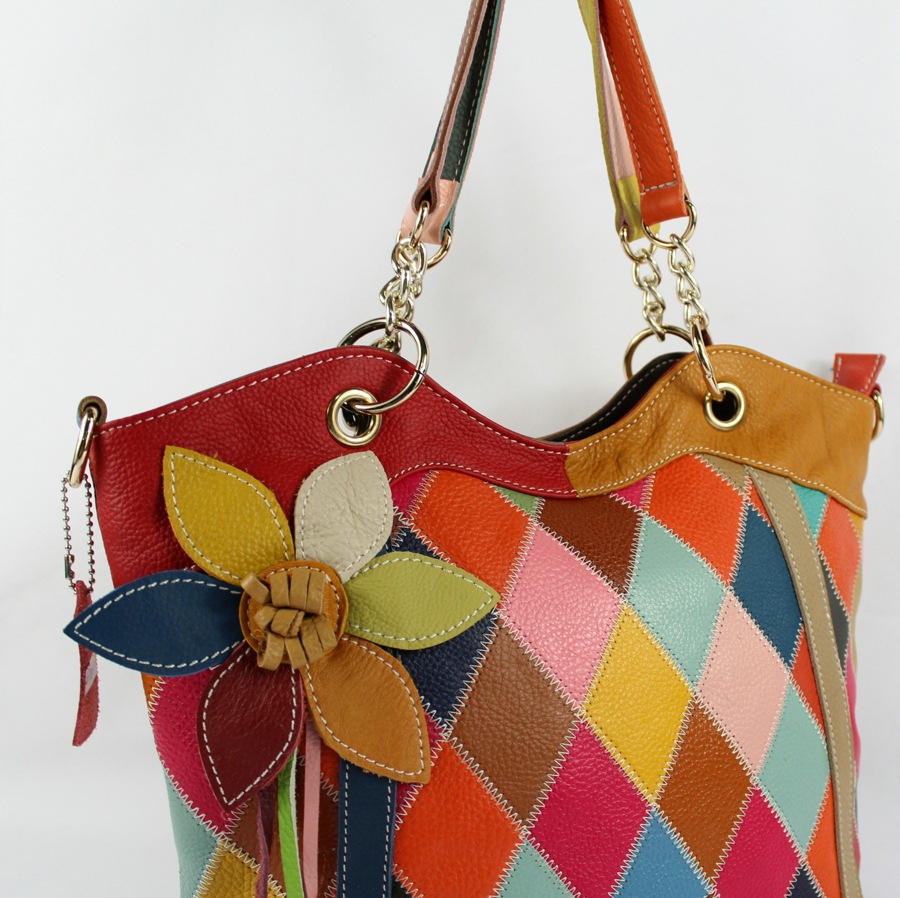 2014彩色羊皮拼接包 碎皮包 新款真皮女包 单肩包真皮女包特价