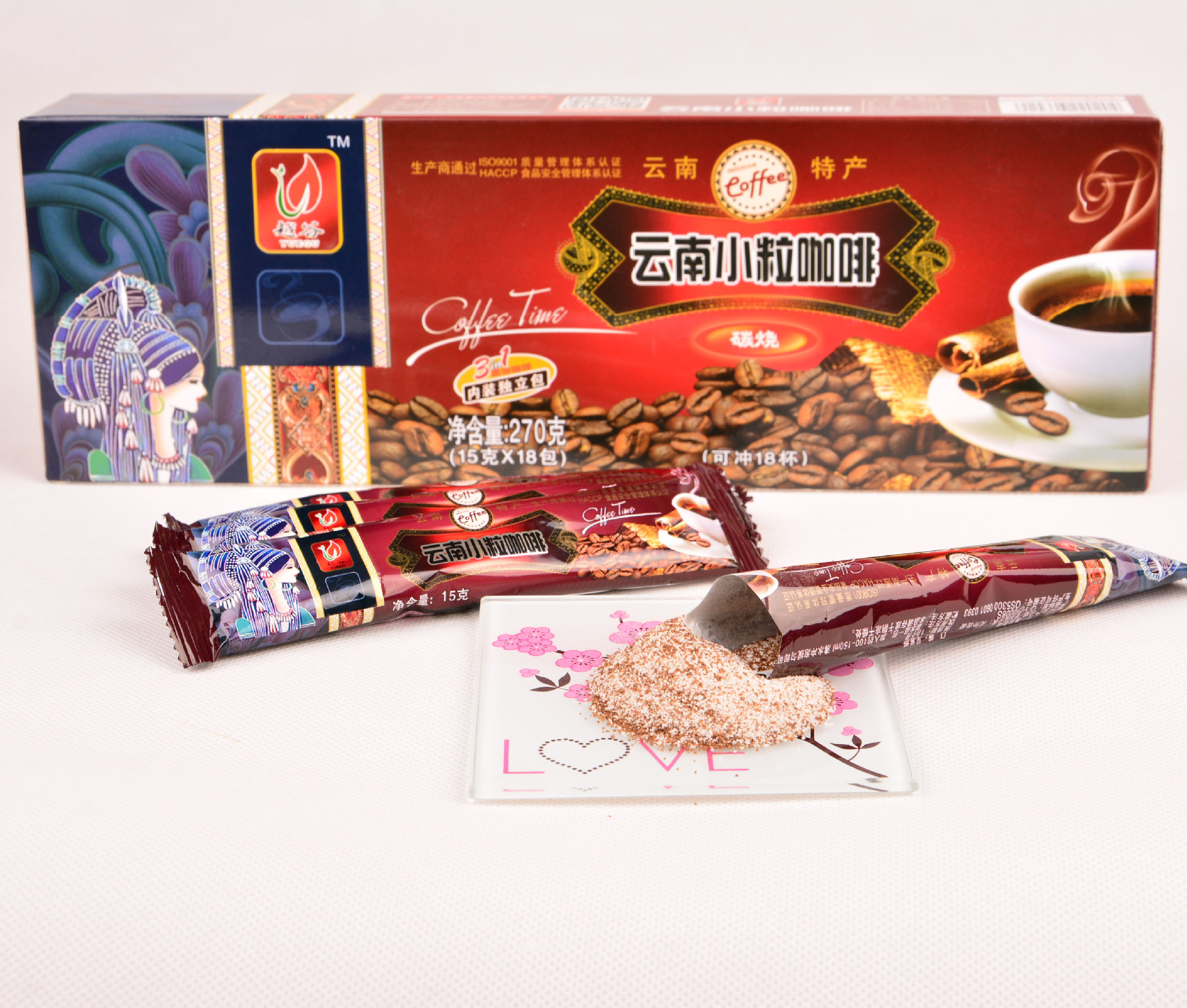 云南小粒咖啡 越谷三合一速溶咖啡 150g炭烧咖啡 60盒装 云南特产