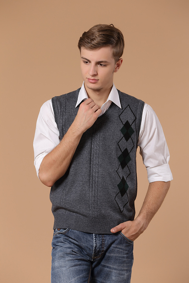 2015春秋款男士毛线背心 中年提花菱形羊毛羊绒针织男式休闲背心