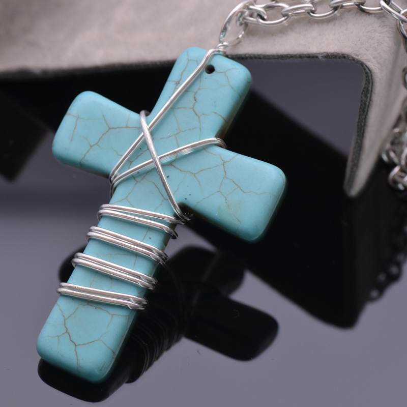 长款毛衣链 绿松石十字架项链批发