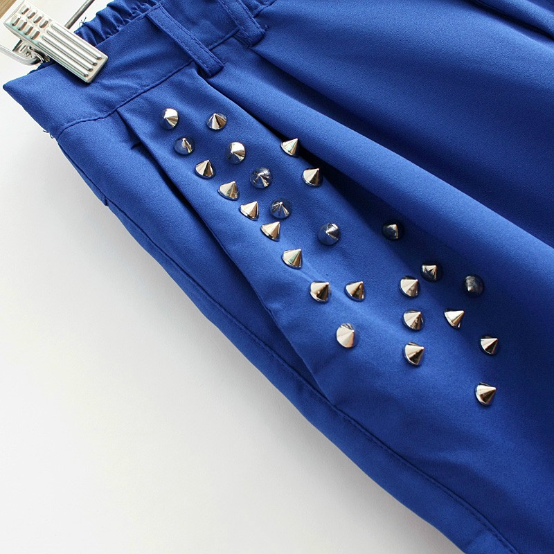 欧美风 口袋铆钉设计休闲裤显瘦修身哈伦裤百搭铅笔裤 有大码