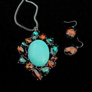 奥地利水晶 天然松石 欧美复古风情 夸张大吊坠 长项链耳饰套装