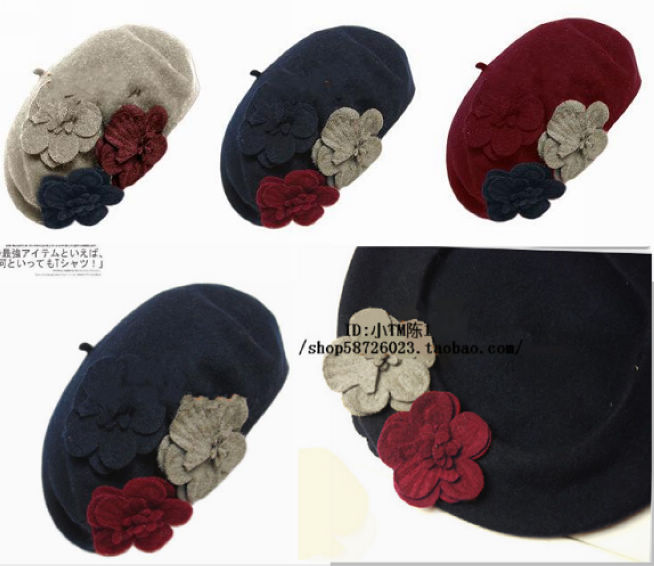 女士百搭贝蕾帽花朵画家帽羊毛毛呢花朵贝雷帽画家帽复古贝雷帽