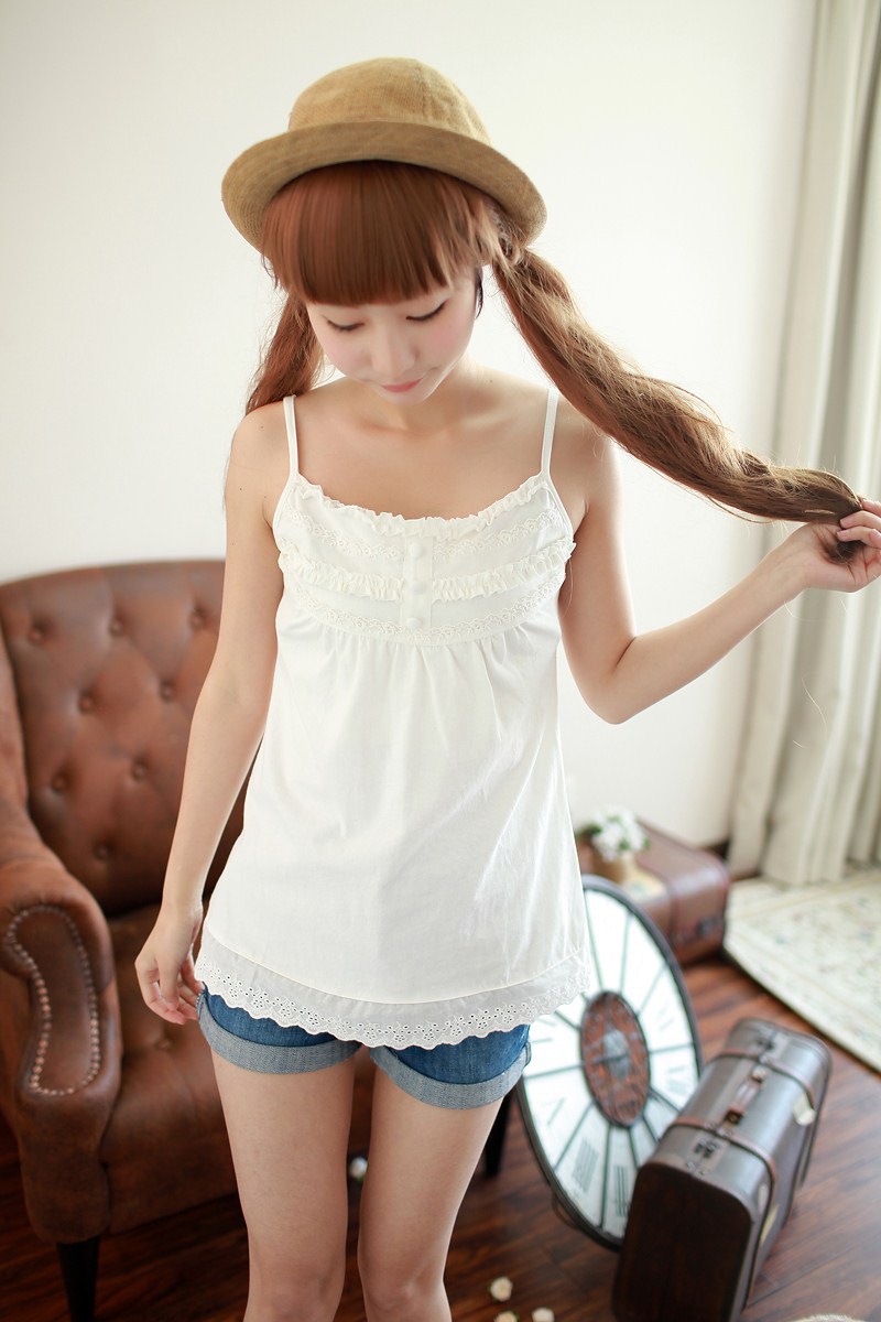 韩版小清新日系蕾丝木耳花边白色宽松打底全棉小背心吊带衫