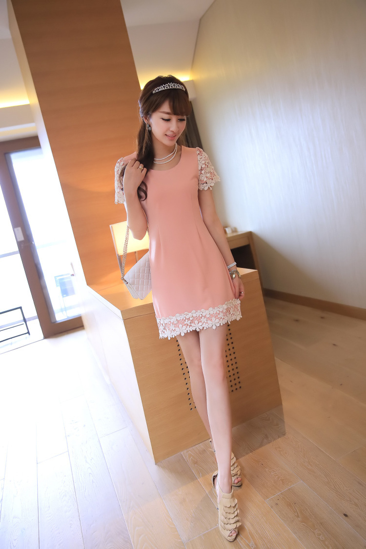 新店促销2013夏季新款韩版圆领铅笔短裙短袖蕾丝边拼接连衣裙 女