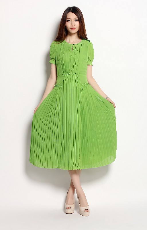 碧绿色林允儿款百褶肩章短袖波西米亚雪纺连衣裙2-04285