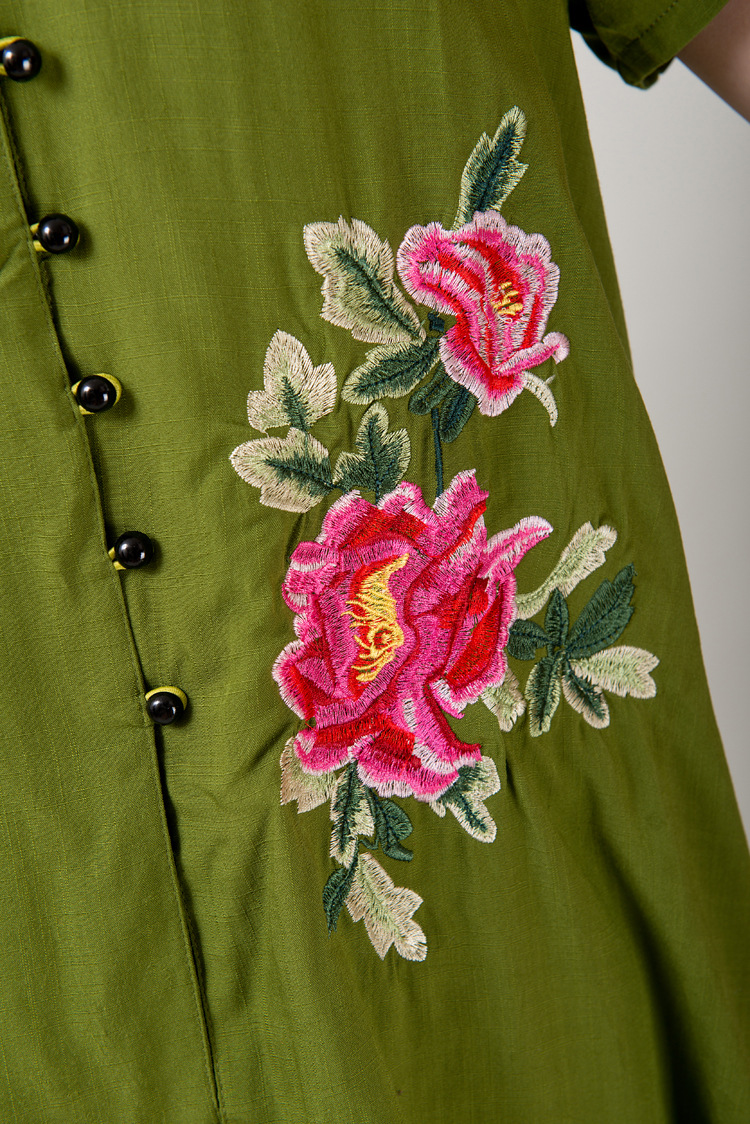 大码女装唐装民族风夏季上衣圆领t恤 连帽开衫小外套 刺绣花牡丹