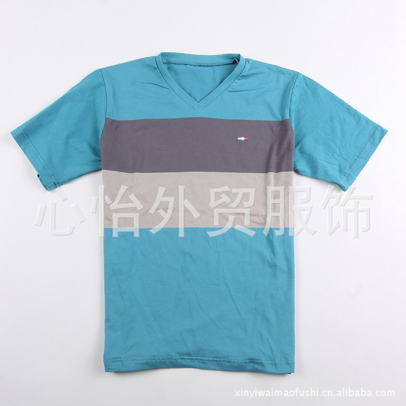 外贸原单 夏季新款男士修身型v领条纹纯棉短袖t恤多色