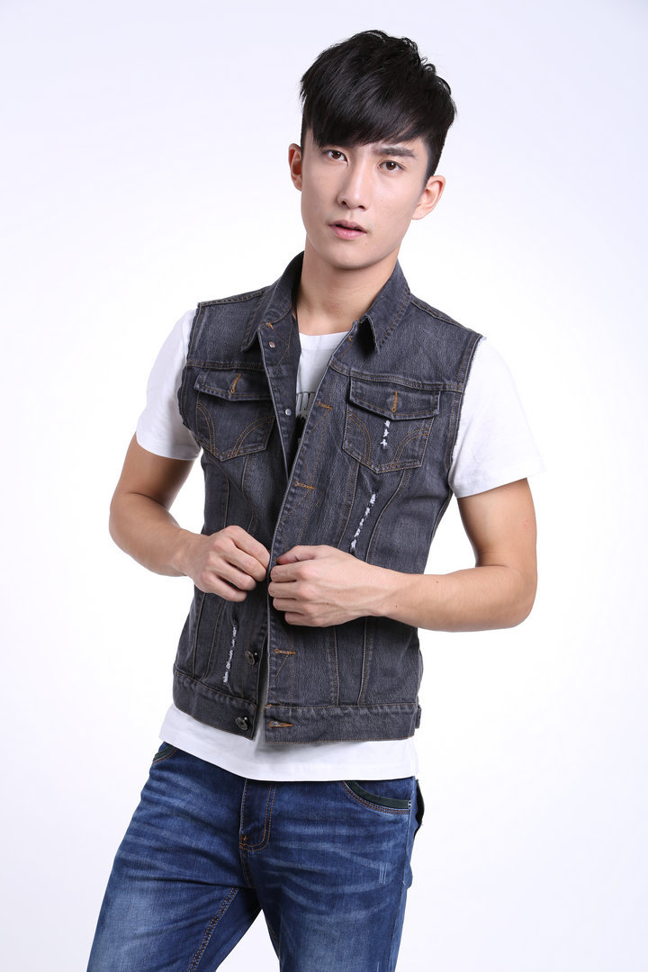「男式马甲」促销 男士牛仔马甲 休闲时尚开衫车缝线翻领马甲牛仔布
