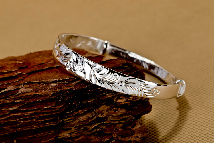 990千足银手镯 990纯银手镯 银镯子 民族手镯 花形手镯 女款