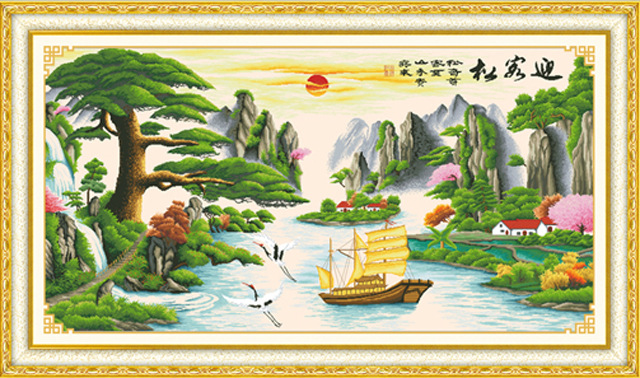 a3d立体十字绣批发 客厅精准印花1.7米大图迎客松流水生财财运版