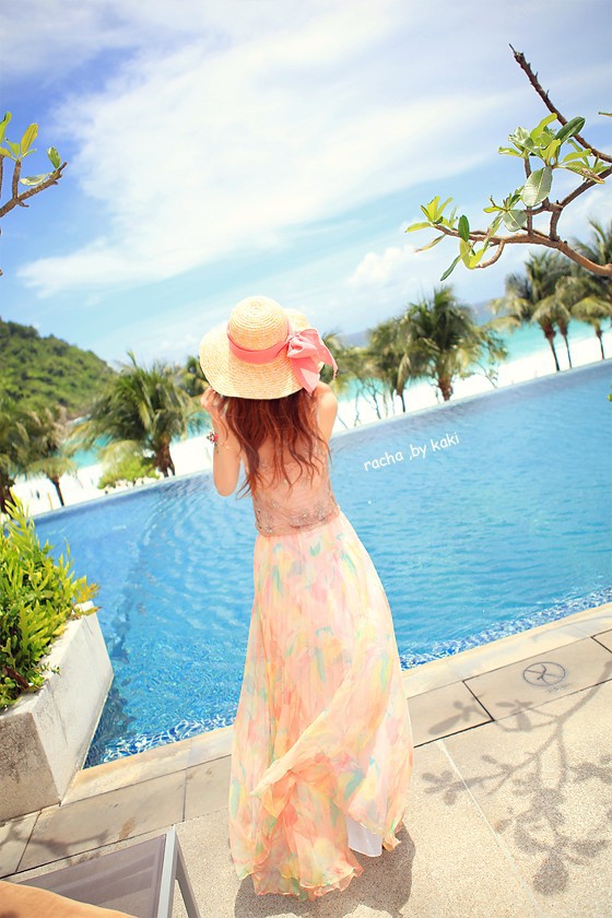 kaki购vivi6月manoush百褶清新花色沙滩拖地半身长裙