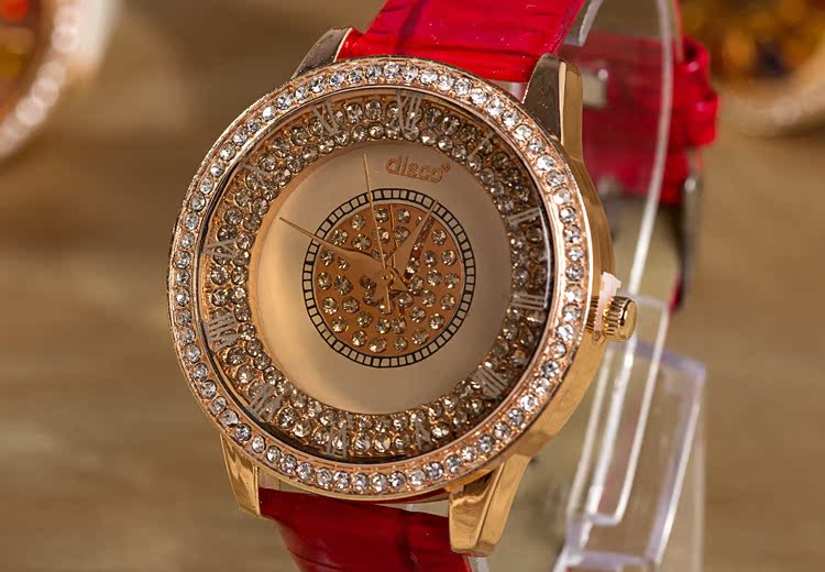 disco表时尚女士镶钻皮质手表批发速卖通新款水钻表盘皮革手表