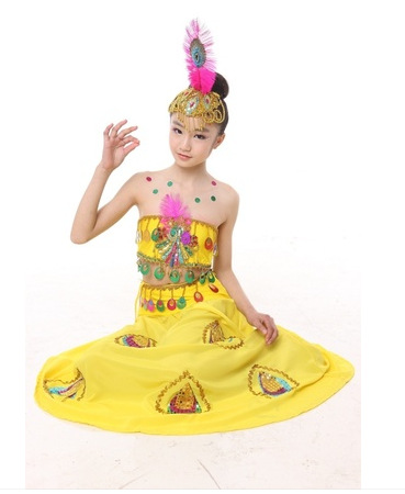 六一儿童少数民族演出服装女童傣族舞金孔雀轻轻跳舞蹈裙表演服装