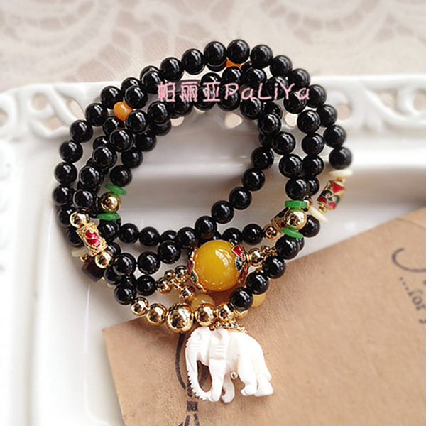 泰国圣物 白色象神 玛瑙 仿象牙 多层 串珠 手链