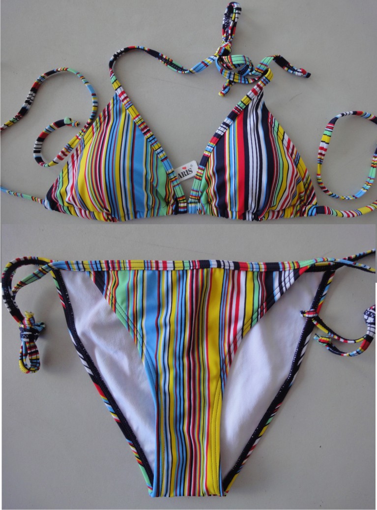 新款 性感彩虹条纹挂脖比基尼 小胸聚拢沙滩糖果色比基尼泳衣批发