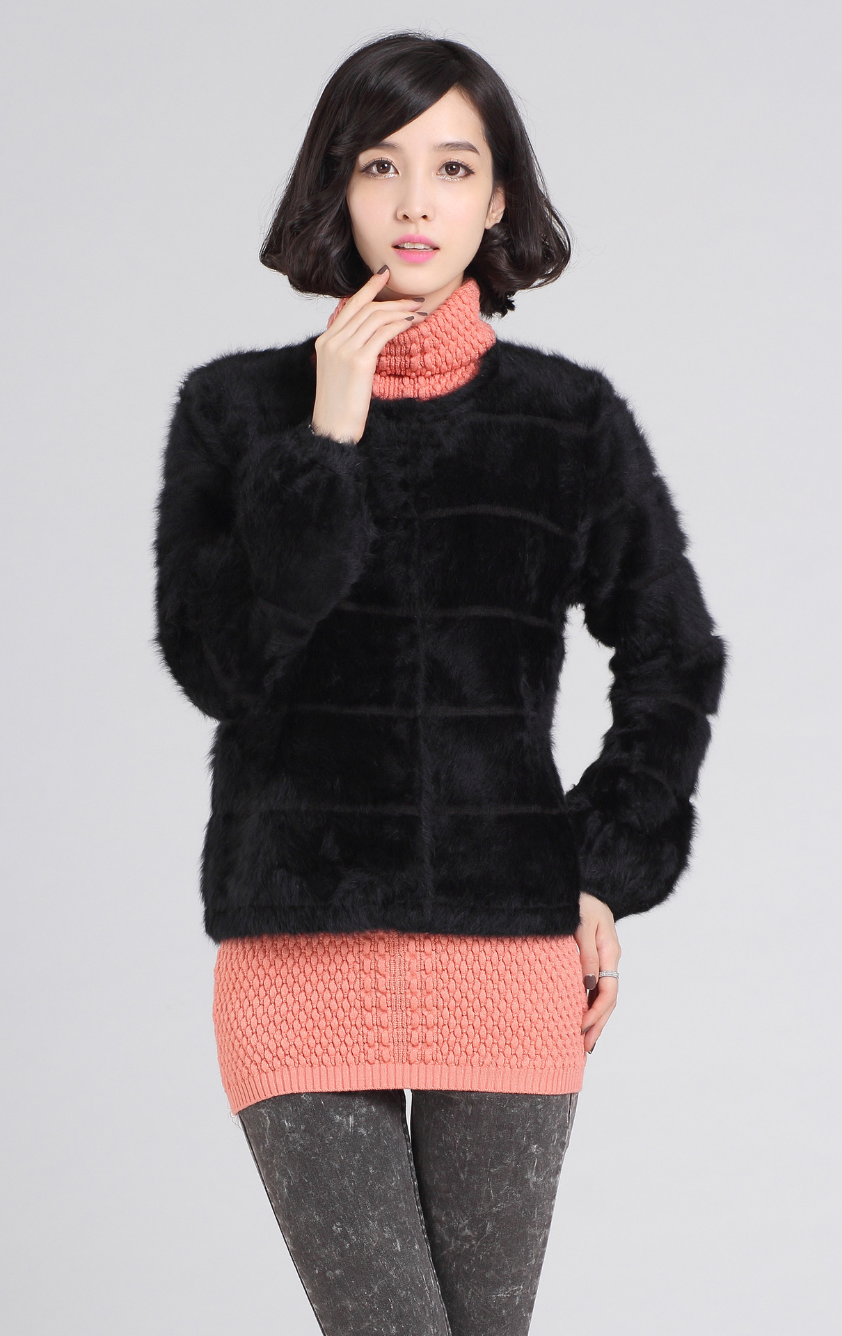 秋冬新款欧洲站 女士长毛貂绒毛衣纯貂绒衫圆领 羊绒外套开衫