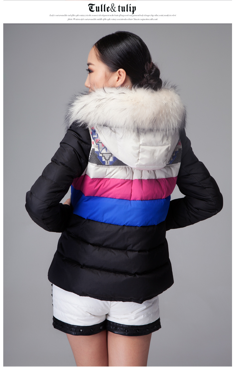 正品冬季欧洲站图勒新款短款条纹大毛领女潮羽绒服