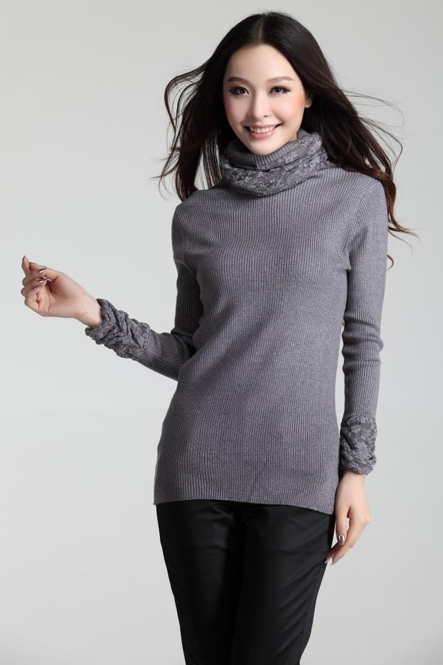 春装修身针织中长款毛衣高领淑女蕾丝堆堆领打底衫女装