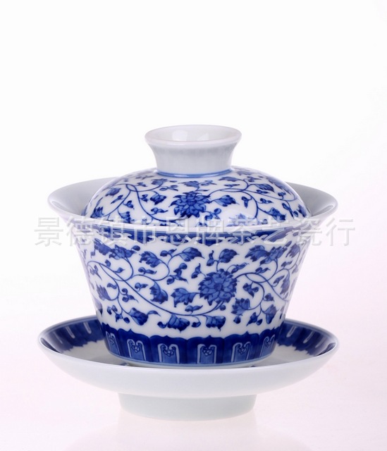 批发 高档陶瓷盖碗三才杯品茶盖杯 景德镇青花手绘礼品瓷