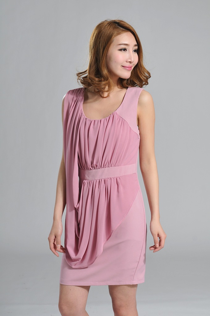 a-21欧美夏款雪纺无袖瑞丽小礼服粉色连衣裙女装模特实拍