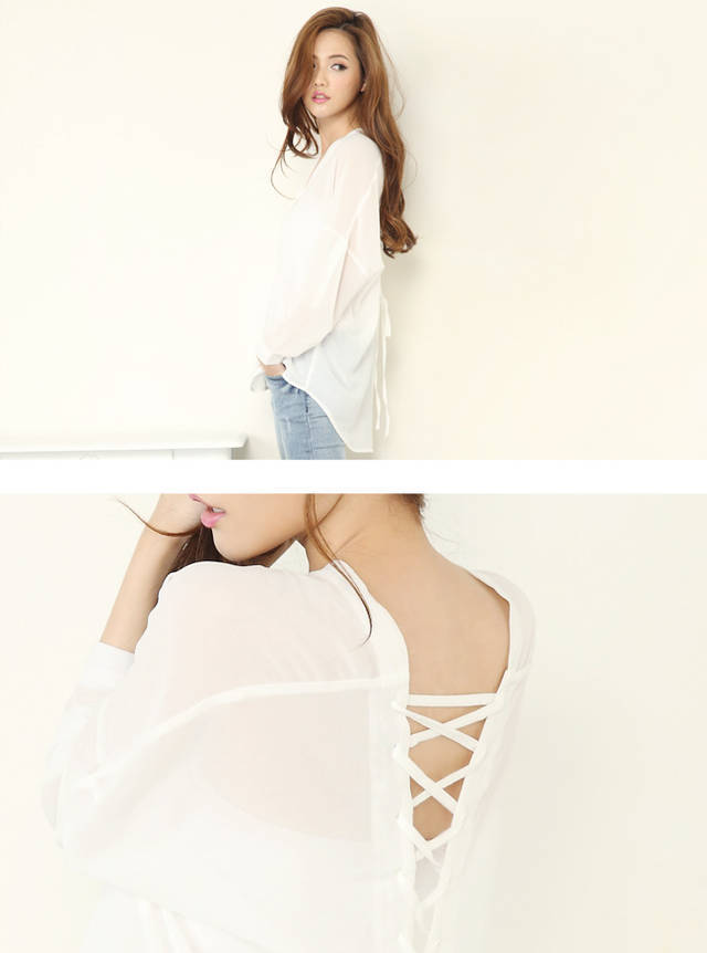 855802013新款宽松百搭个性绑带美背时尚雪纺衬衫2色