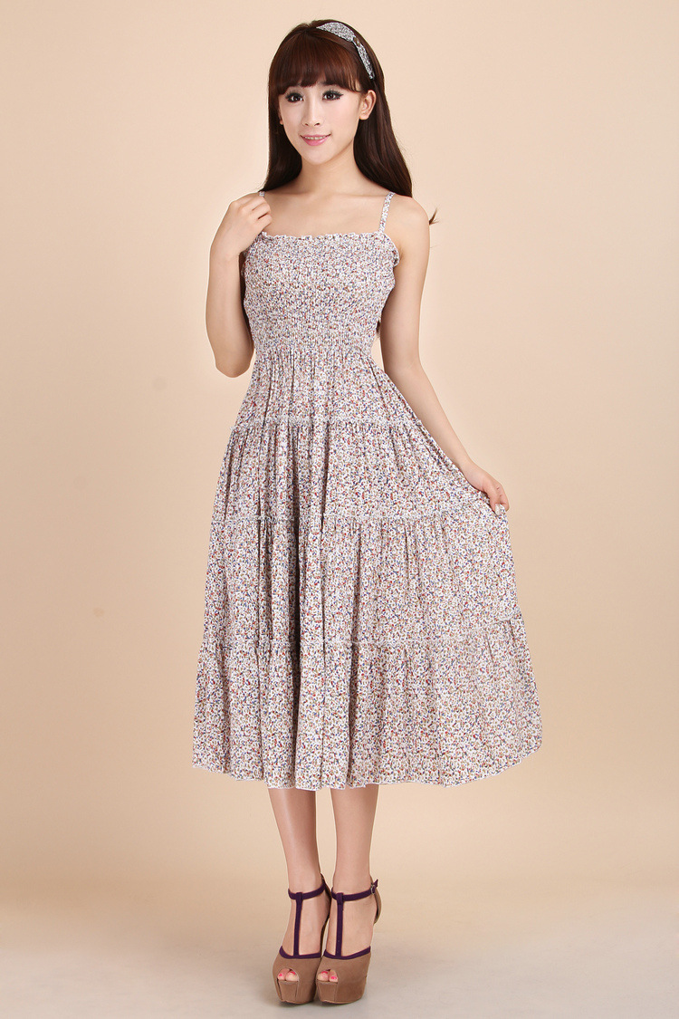 夏季新品波西米亚碎花长裙沙滩裙纯棉休闲吊带连衣裙代理批发混